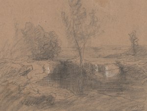 風景、c.1853-65（鉛筆と紙で洗う） 作： Auguste Francois Ravier