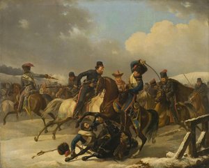コサックは退却するフランス兵を追跡、1812年、1827年 作： Auguste Joseph Desarnod