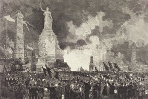 7月14日。 レピュブリック広場のイルミネーション、1883 年。 作： Auguste Lepere