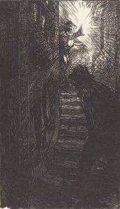 1901 年に公開されたブートブリー通りの彫刻が施された階段。 作： Auguste Lepere