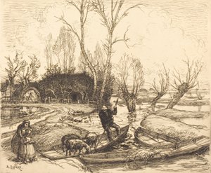 大洪水の沼地で - 羊飼い Au marais inonde - ル ベルジェ、1911 年。 作： Auguste Lepere