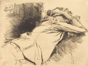 リクライニングした女性の眠るファム カウチ ソムイラン、1892 年。 作： Auguste Lepere