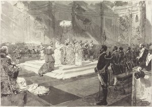 スペイン宮廷での王室の洗礼 作： Auguste Lepère after Daniel Vierge