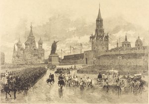 皇帝の戴冠式。 インペリアル コルテージュがロワイヤル広場を横切る 作： Auguste Lepère and Auguste Gérardin