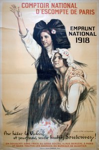 「コントワー ナショナル デスコンプト ド パリ」、フランスの第一次世界大戦のポスター、1918 年 作： Auguste Leroux