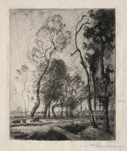 木々の後ろに沈む夕日 作： Auguste Louis Lepère