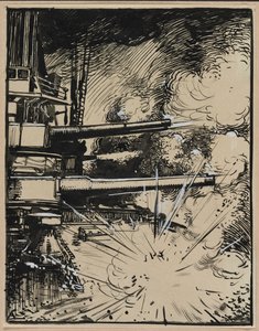 ポインティングガンを使用して胸当てで爆発する爆弾、1914年。 作： Auguste Louis Lepère