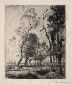 木々の後ろに沈む夕日 作： Auguste Louis Lepère