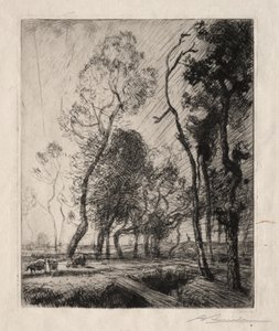 木の後ろに沈む夕日、1909年。 作： Auguste Louis Lepère