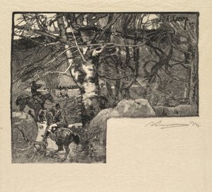 フォンテーヌブローの森：モンジェラールラフォードゥフォンテーヌブローで猟犬に乗る、1890年。 作： Auguste Louis Lepère