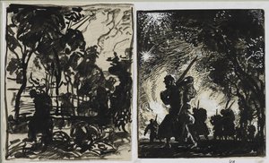 夜のシーン; 森の端でパトロール 作： Auguste Louis Lepère