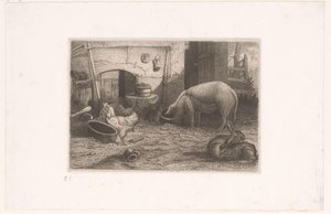 納屋の豚、鶏、ウサギ 作： Auguste Numans (attributed to)
