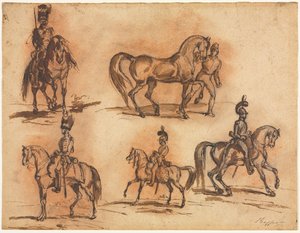 5 つの馬術研究: 騎兵、19 世紀半ば。 作： Auguste Raffet