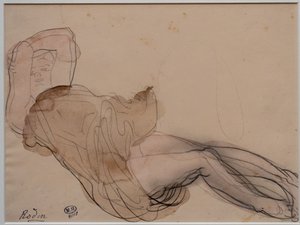 横たわり、半裸で腕を頭の後ろで組む女性 作： オーギュスト・ロディン