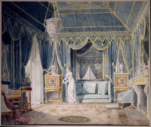 1811年、オルタンス・ド・ボーアルネ王妃（1783-1837）の執務室。オーギュスト・ガルネレイ（1785-1824）による水彩画。個人蔵 作： Auguste Simon Garneray