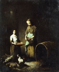 農場の動物に餌をやる若い農民の女の子、 作： Auguste Theodule Ribot