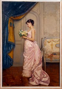 Sweet Ticket 若い女性が花束を持って憧れの人からのラブレターを読んでいます。Auguste Toulmouche（1829-1890）による絵画 1883年 日。0.66x0.45 m ナント、ミュゼ・デ・ボザール 作： Auguste Toulmouche