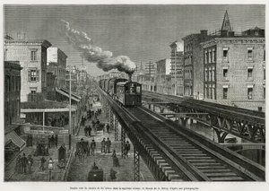 ニューヨーク、7番街のエアライン鉄道の複線。Edouard de Laveleye, 1878-1879年、Edouard Charton (1807-1890)の指揮の下、Tour du mondeに掲載された。 作： Auguste Victor Deroy