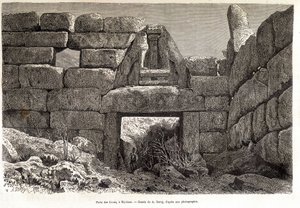 ミケーネのライオンの門 - A.デロイの絵、「世界一周」1877年2学期号掲載 作： Auguste Victor Deroy