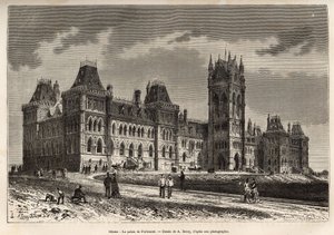 1859年から1876年にかけて建設されたオタワの国会議事堂。1873年にH.De Lamotteが行ったカナダと北の赤い川への小旅行を描いたA.Deroyの絵をもとに彫られたもので、1875年にEdouardが編集した "Le tour du monde "に掲載されている。 作： Auguste Victor Deroy