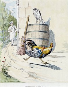 ラ・フォンテーヌ寓話集」のハヤブサとカポネ、オーギュスト・ヴィマール（1851-1916）の絵、トゥール、A, Mame & Filsにて。 作： Auguste Vimar