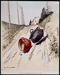 Le pot de terre et le pot de fer - Auguste Vimar (1851-1916) が描いた「Les Fontaine の寓話」の中で、Tours, at A, Mame & Fils. 作： Auguste Vimar