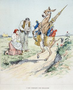ラ・フォンテーヌ寓話集」に登場する遺物を運ぶロバ、オーギュスト・ヴィマール（1851-1916）の絵、トゥール、A, Mame & Filsにて。 作： Auguste Vimar