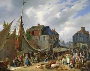 1823年、オンフルール港の「パッサージャー」に家畜を積み込む 作： Auguste Xavier Leprince
