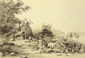 ユージーンシセリ（1813-90）1842年に彫り込まれた、カオルーン湾の屋形船、スケッチ6の中国のプレート6 作： Auguste after Borget