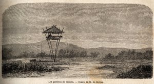 バタヴィア（現在のジャカルタ）の近くにある米の番人。M.デ・モリンがジャワ島への旅を説明するために描いた絵 作： Auguste de Molins