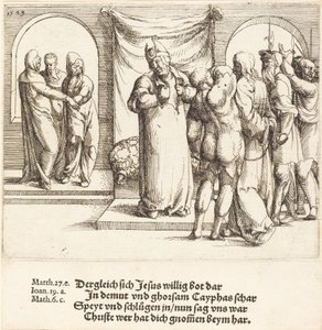 キリストは嘲笑され、カイアファは彼の衣服を引き裂く, 1549. 作： Augustin Hirschvogel