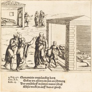 エリシャがシュネム人の息子を育てる, 1547年. 作： Augustin Hirschvogel