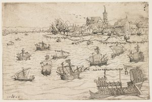 ヨナと帆船のある湖の上のクジラ、1546 作： Augustin Hirschvogel