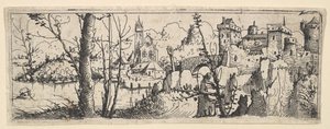砦のある風景と川沿いの教会、1545年。 作： Augustin Hirschvogel