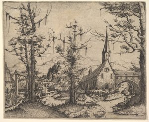 4本の木のある風景と右側の教会、1545年。 作： Augustin Hirschvogel