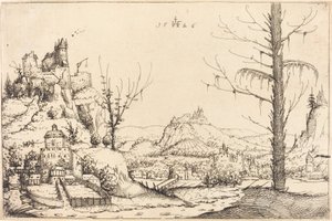 高い崖、川、都市のある風景、1546年。 作： Augustin Hirschvogel