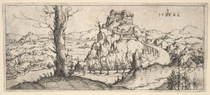 高い岩と要塞のある風景、1546年。 作： Augustin Hirschvogel