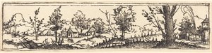 6 本の木と 3 つの小さな農家のある風景。 作： Augustin Hirschvogel