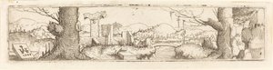 小川と廃墟のある風景 作： Augustin Hirschvogel