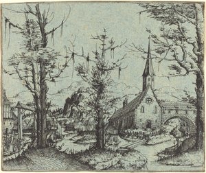 村の教会のある風景 作： Augustin Hirschvogel