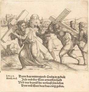 男はキリストの後に十字架を運ぶ、1549年. 作： Augustin Hirschvogel