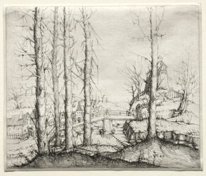 1549年に手前に5本の裸のトウヒの木がある川の風景。