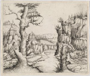 高い崖のある川の風景、1546年。 作： Augustin Hirschvogel
