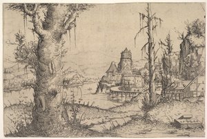 左に大きな木がある川の風景、1546。