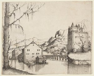 橋でつながれた2つの建物のある川の風景 作： Augustin Hirschvogel