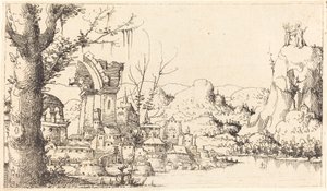 キリストの誘惑のある川の風景 作： Augustin Hirschvogel