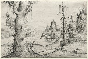 左に大きな木がある川の風景、1546年。