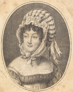 縞模様のボンネットを着た女性の頭部 作： Augustin de Saint-Aubin