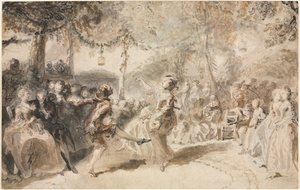 庭の居酒屋でパフォーマンスする衣装を着たダンサー、1756年。 作： Augustin de Saint Aubin