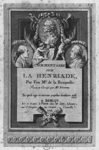 1775年にベルリンとパリで出版された、フレロンによって改訂および更新された、ヴォルテールによる「ラアンリエード」のデラボーメルによる解説の口絵